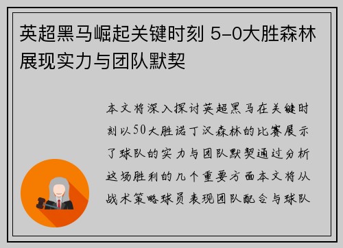 英超黑马崛起关键时刻 5-0大胜森林展现实力与团队默契