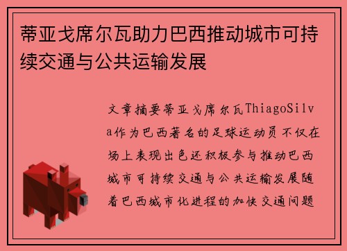 蒂亚戈席尔瓦助力巴西推动城市可持续交通与公共运输发展